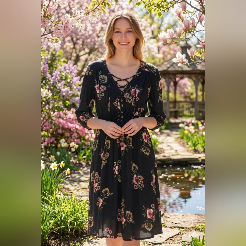 American Rag Black Floral Lace-Up Dress
